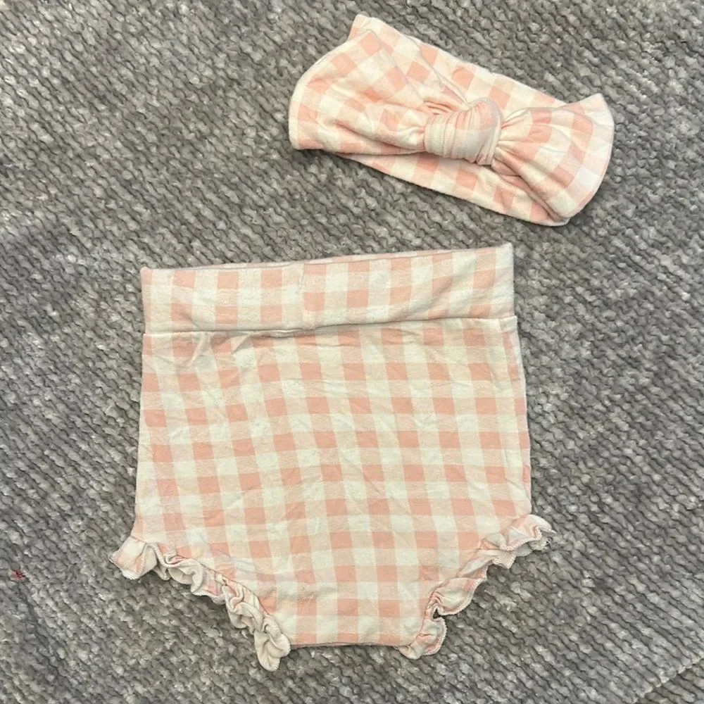 Spearmint Love Pink Gingham ruffle bloomer and matching headband set 3/6mo